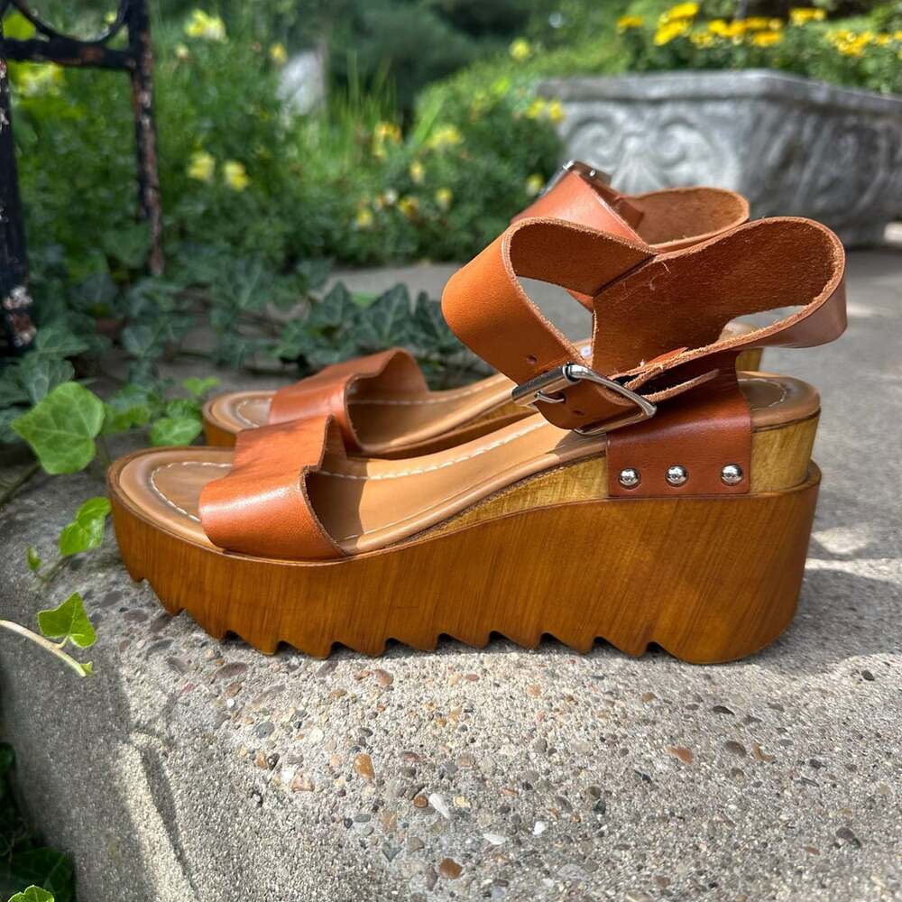 Steve Madden Raleigh Platform Sandals Brown Leather Tan Wedges